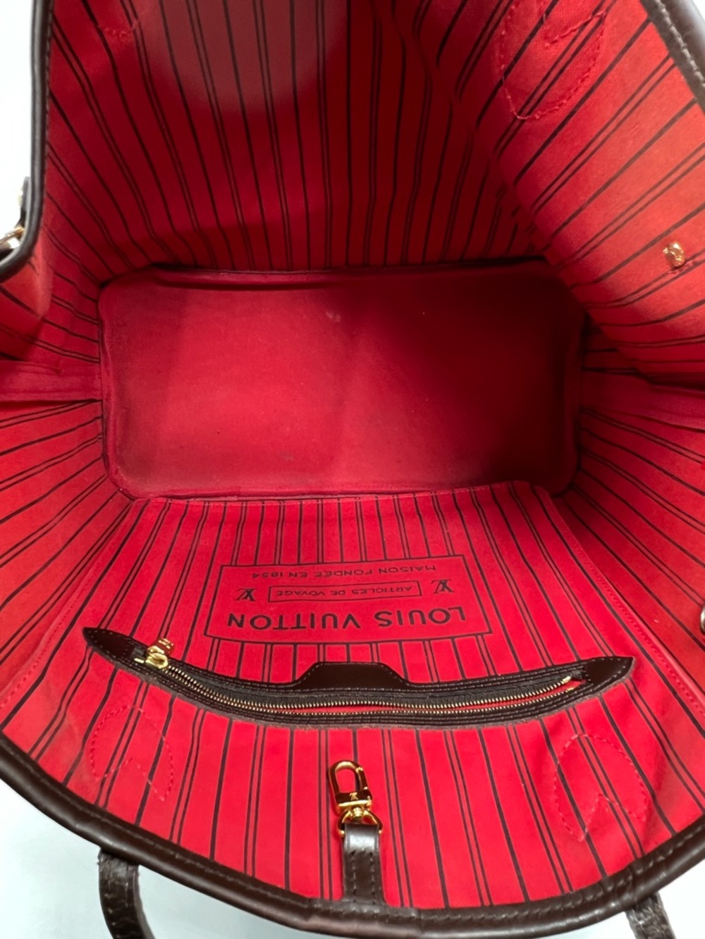 Louis Vuitton Neverfull MM Damier Ebene Tote w/ Pouch Red Interior + Pouch - Picture 11 of 15